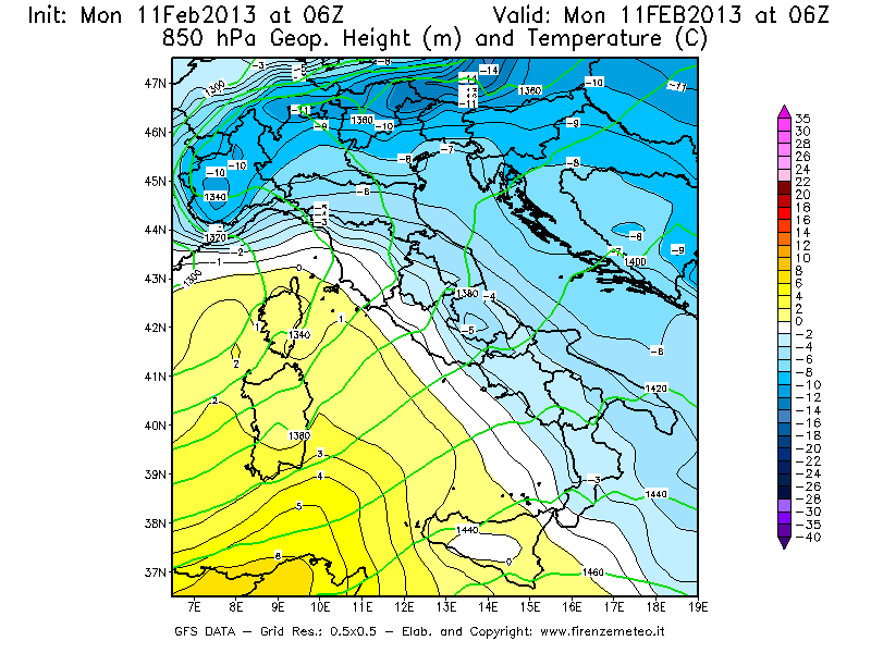 Mappa di analisi GFS - Geopotenziale [m] e Temperatura [°C] a 850 hPa in Italia
							del 11/02/2013 06 <!--googleoff: index-->UTC<!--googleon: index-->