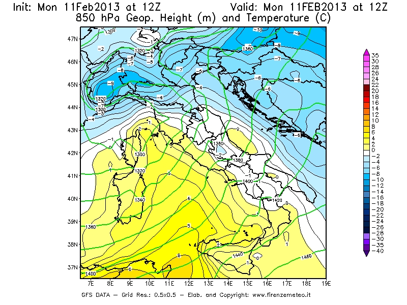 Mappa di analisi GFS - Geopotenziale [m] e Temperatura [°C] a 850 hPa in Italia
							del 11/02/2013 12 <!--googleoff: index-->UTC<!--googleon: index-->
