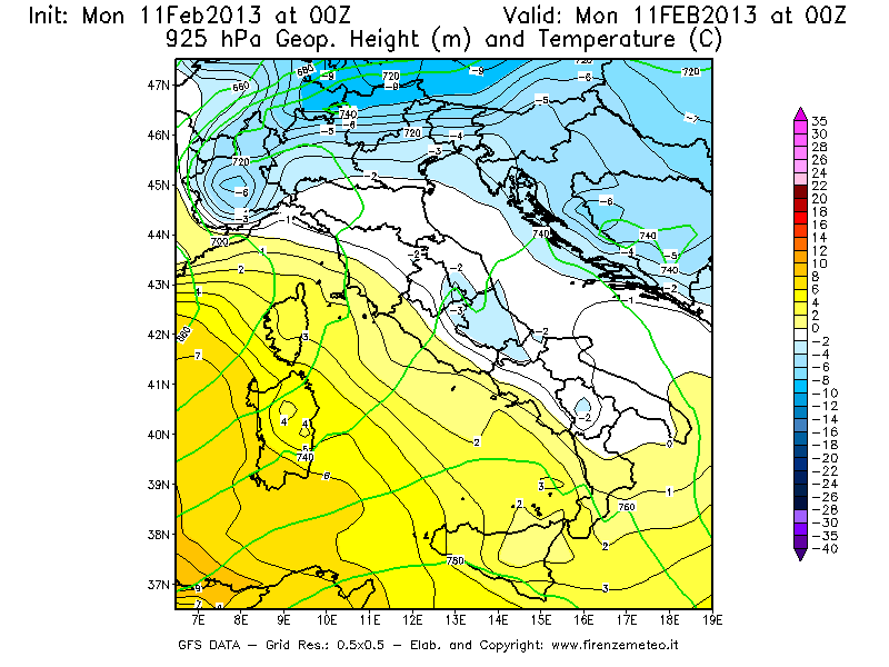 Mappa di analisi GFS - Geopotenziale [m] e Temperatura [°C] a 925 hPa in Italia
							del 11/02/2013 00 <!--googleoff: index-->UTC<!--googleon: index-->