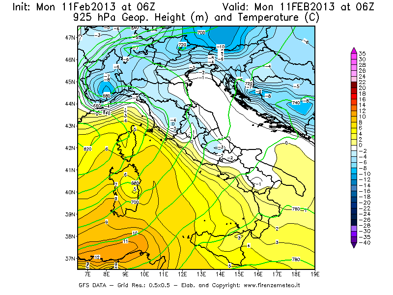 Mappa di analisi GFS - Geopotenziale [m] e Temperatura [°C] a 925 hPa in Italia
							del 11/02/2013 06 <!--googleoff: index-->UTC<!--googleon: index-->