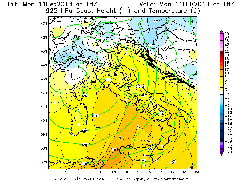 Mappa di analisi GFS - Geopotenziale [m] e Temperatura [°C] a 925 hPa in Italia
							del 11/02/2013 18 <!--googleoff: index-->UTC<!--googleon: index-->