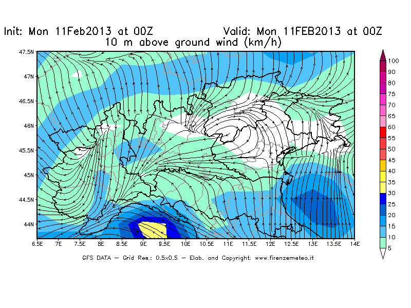 Mappa di analisi GFS - Velocità del vento a 10 metri dal suolo [km/h] in Nord-Italia
							del 11/02/2013 00 <!--googleoff: index-->UTC<!--googleon: index-->