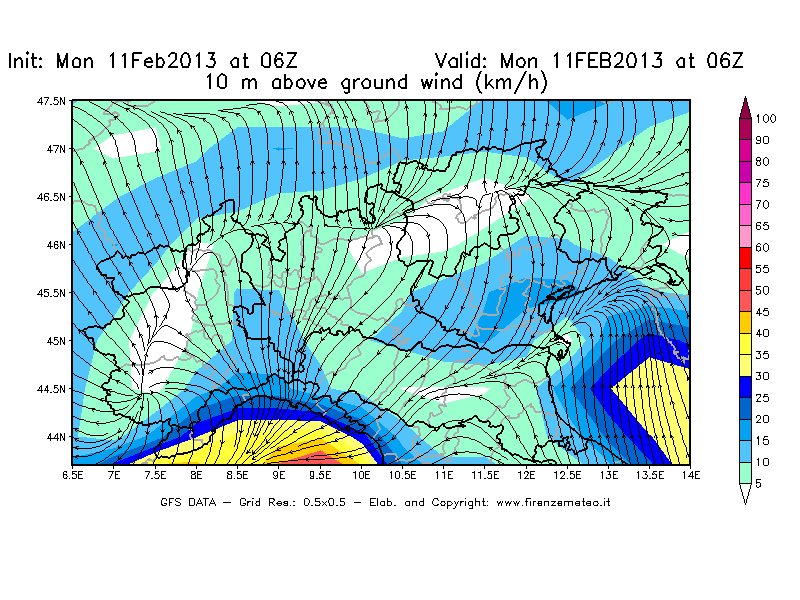 Mappa di analisi GFS - Velocità del vento a 10 metri dal suolo [km/h] in Nord-Italia
							del 11/02/2013 06 <!--googleoff: index-->UTC<!--googleon: index-->