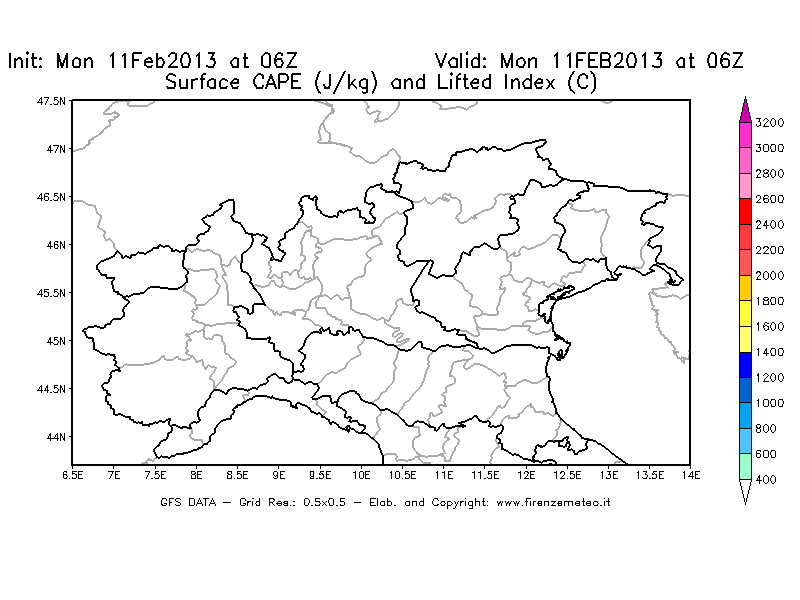 Mappa di analisi GFS - CAPE [J/kg] e Lifted Index [°C] in Nord-Italia
							del 11/02/2013 06 <!--googleoff: index-->UTC<!--googleon: index-->