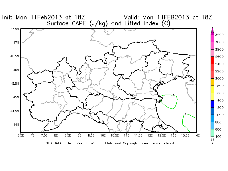 Mappa di analisi GFS - CAPE [J/kg] e Lifted Index [°C] in Nord-Italia
							del 11/02/2013 18 <!--googleoff: index-->UTC<!--googleon: index-->