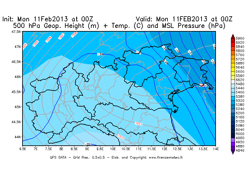 Mappa di analisi GFS - Geopotenziale [m] + Temp. [°C] a 500 hPa + Press. a livello del mare [hPa] in Nord-Italia
							del 11/02/2013 00 <!--googleoff: index-->UTC<!--googleon: index-->