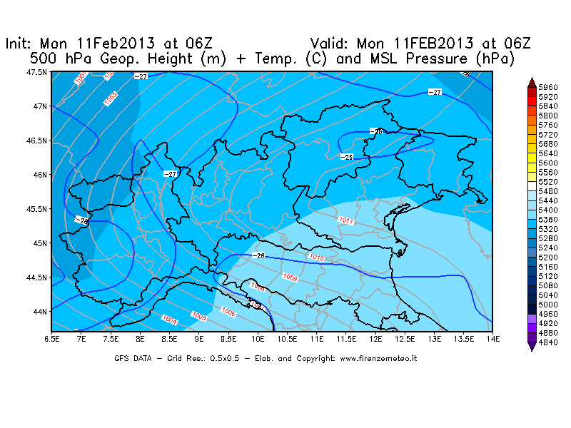 Mappa di analisi GFS - Geopotenziale [m] + Temp. [°C] a 500 hPa + Press. a livello del mare [hPa] in Nord-Italia
							del 11/02/2013 06 <!--googleoff: index-->UTC<!--googleon: index-->