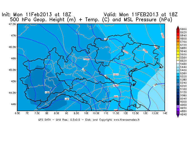 Mappa di analisi GFS - Geopotenziale [m] + Temp. [°C] a 500 hPa + Press. a livello del mare [hPa] in Nord-Italia
							del 11/02/2013 18 <!--googleoff: index-->UTC<!--googleon: index-->