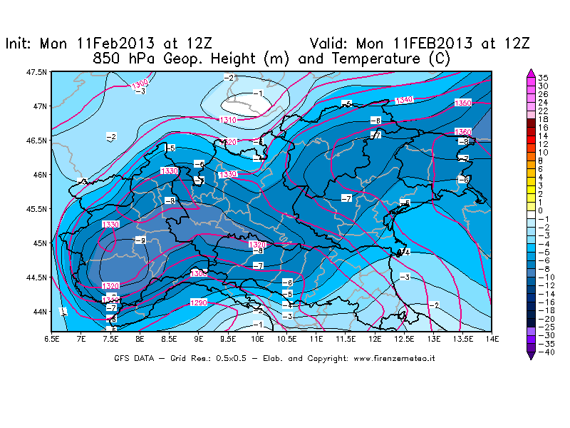 Mappa di analisi GFS - Geopotenziale [m] e Temperatura [°C] a 850 hPa in Nord-Italia
							del 11/02/2013 12 <!--googleoff: index-->UTC<!--googleon: index-->