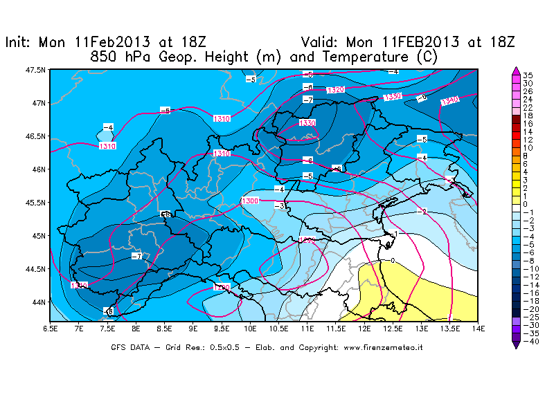 Mappa di analisi GFS - Geopotenziale [m] e Temperatura [°C] a 850 hPa in Nord-Italia
							del 11/02/2013 18 <!--googleoff: index-->UTC<!--googleon: index-->