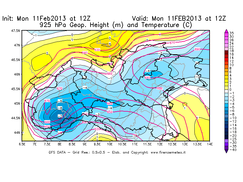 Mappa di analisi GFS - Geopotenziale [m] e Temperatura [°C] a 925 hPa in Nord-Italia
							del 11/02/2013 12 <!--googleoff: index-->UTC<!--googleon: index-->