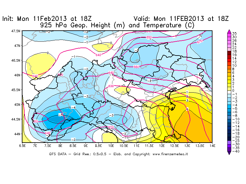 Mappa di analisi GFS - Geopotenziale [m] e Temperatura [°C] a 925 hPa in Nord-Italia
							del 11/02/2013 18 <!--googleoff: index-->UTC<!--googleon: index-->
