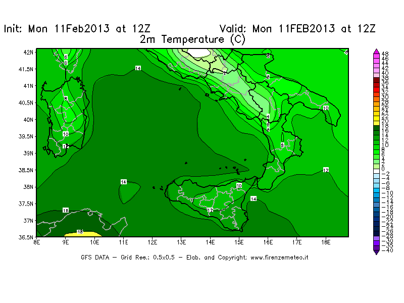 Mappa di analisi GFS - Temperatura a 2 metri dal suolo [°C] in Sud-Italia
							del 11/02/2013 12 <!--googleoff: index-->UTC<!--googleon: index-->
