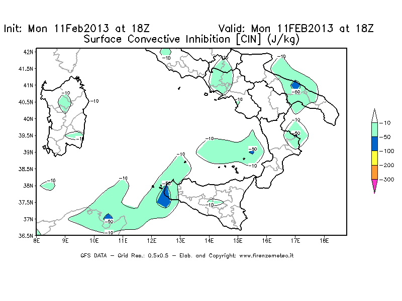 Mappa di analisi GFS - CIN [J/kg] in Sud-Italia
							del 11/02/2013 18 <!--googleoff: index-->UTC<!--googleon: index-->
