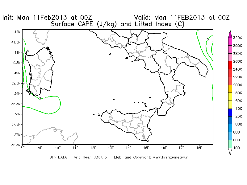 Mappa di analisi GFS - CAPE [J/kg] e Lifted Index [°C] in Sud-Italia
							del 11/02/2013 00 <!--googleoff: index-->UTC<!--googleon: index-->
