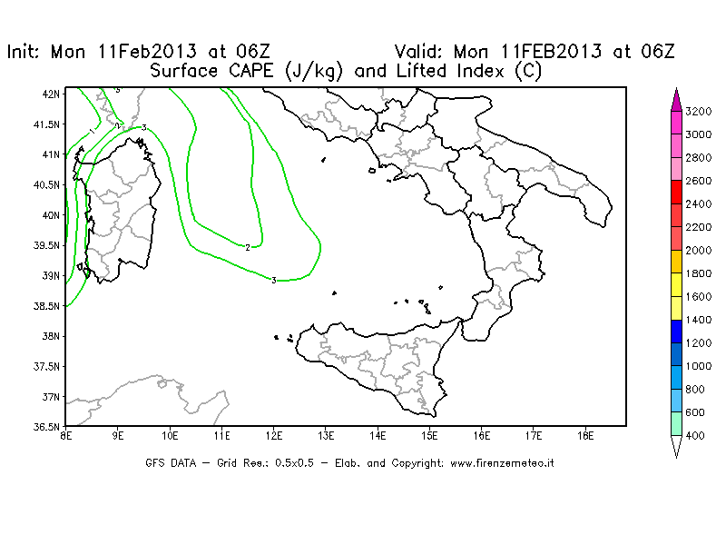Mappa di analisi GFS - CAPE [J/kg] e Lifted Index [°C] in Sud-Italia
							del 11/02/2013 06 <!--googleoff: index-->UTC<!--googleon: index-->