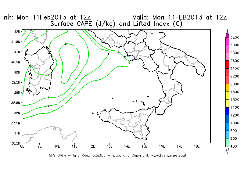 Mappa di analisi GFS - CAPE [J/kg] e Lifted Index [°C] in Sud-Italia
							del 11/02/2013 12 <!--googleoff: index-->UTC<!--googleon: index-->