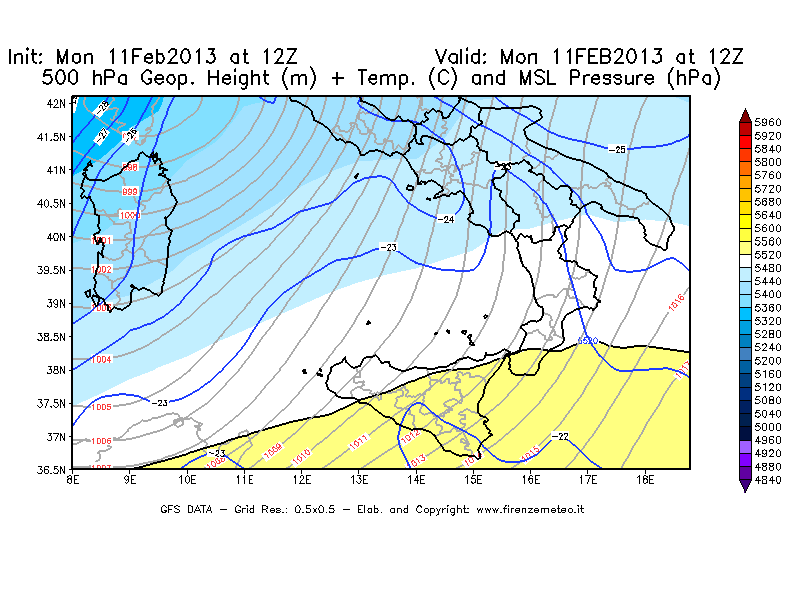 Mappa di analisi GFS - Geopotenziale [m] + Temp. [°C] a 500 hPa + Press. a livello del mare [hPa] in Sud-Italia
							del 11/02/2013 12 <!--googleoff: index-->UTC<!--googleon: index-->
