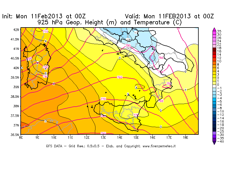 Mappa di analisi GFS - Geopotenziale [m] e Temperatura [°C] a 925 hPa in Sud-Italia
							del 11/02/2013 00 <!--googleoff: index-->UTC<!--googleon: index-->