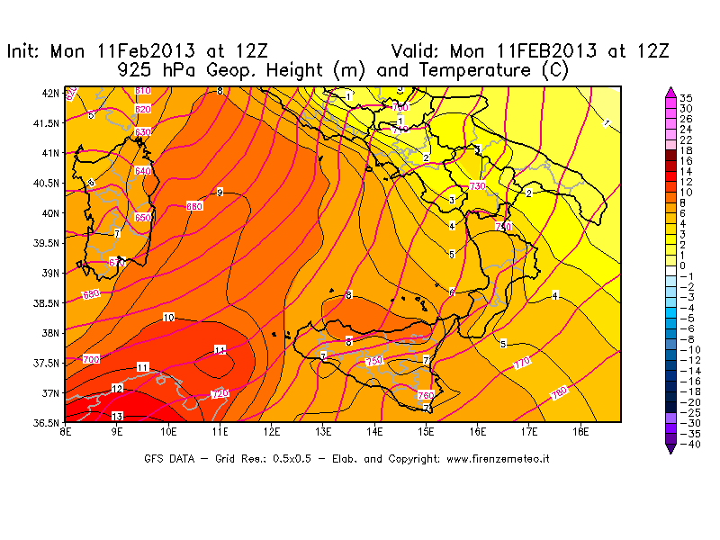 Mappa di analisi GFS - Geopotenziale [m] e Temperatura [°C] a 925 hPa in Sud-Italia
							del 11/02/2013 12 <!--googleoff: index-->UTC<!--googleon: index-->