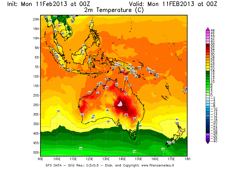 Mappa di analisi GFS - Temperatura a 2 metri dal suolo [°C] in Oceania
							del 11/02/2013 00 <!--googleoff: index-->UTC<!--googleon: index-->