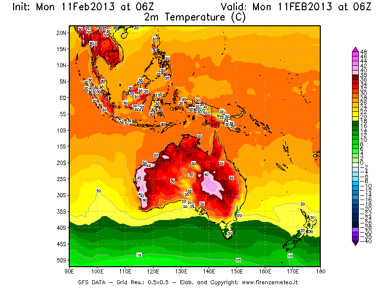 Mappa di analisi GFS - Temperatura a 2 metri dal suolo [°C] in Oceania
							del 11/02/2013 06 <!--googleoff: index-->UTC<!--googleon: index-->