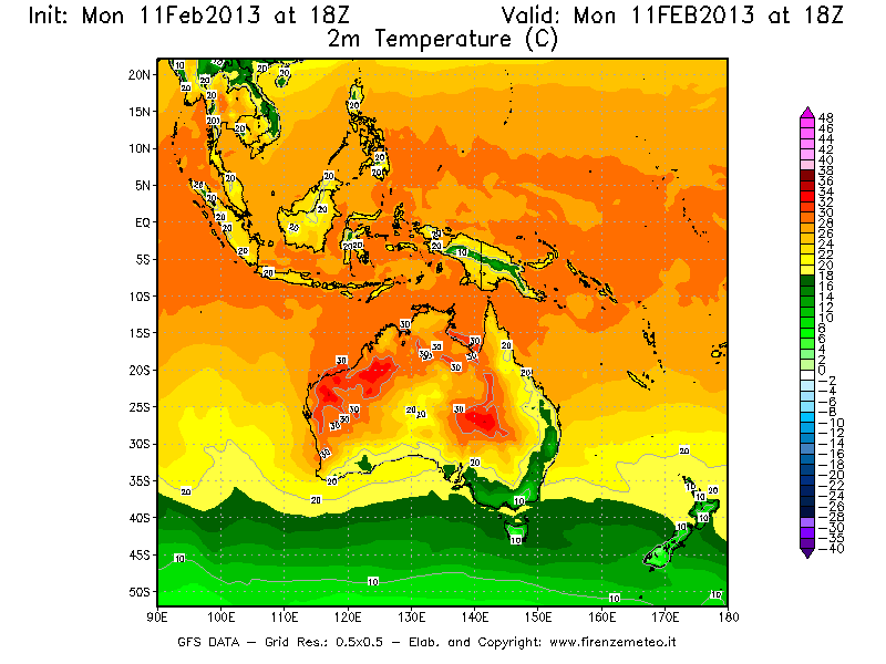 Mappa di analisi GFS - Temperatura a 2 metri dal suolo [°C] in Oceania
							del 11/02/2013 18 <!--googleoff: index-->UTC<!--googleon: index-->