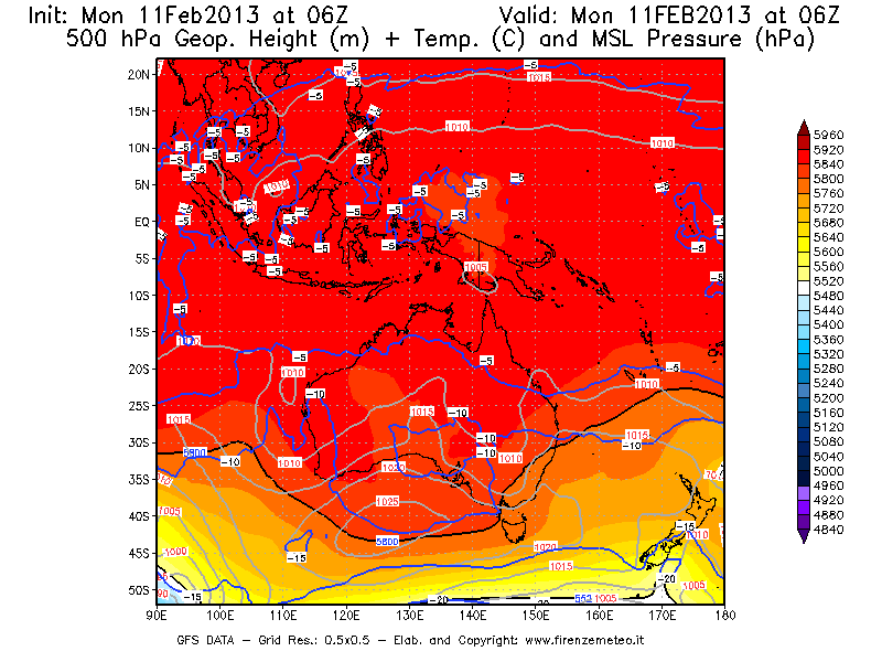 Mappa di analisi GFS - Geopotenziale [m] + Temp. [°C] a 500 hPa + Press. a livello del mare [hPa] in Oceania
							del 11/02/2013 06 <!--googleoff: index-->UTC<!--googleon: index-->