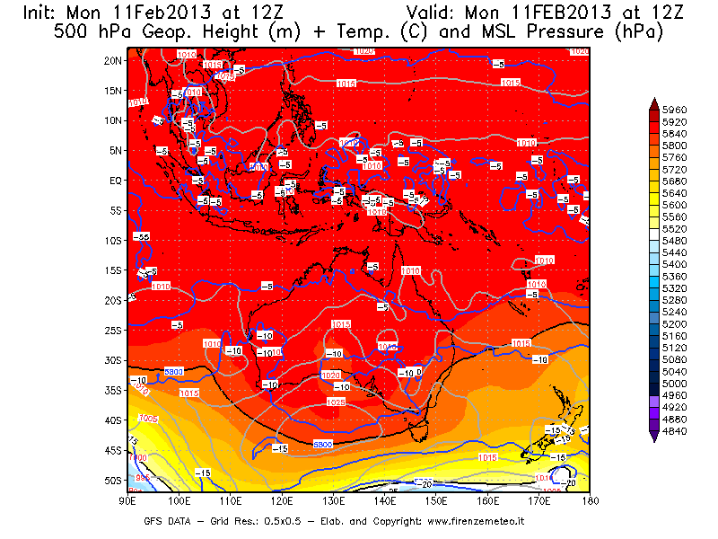 Mappa di analisi GFS - Geopotenziale [m] + Temp. [°C] a 500 hPa + Press. a livello del mare [hPa] in Oceania
							del 11/02/2013 12 <!--googleoff: index-->UTC<!--googleon: index-->