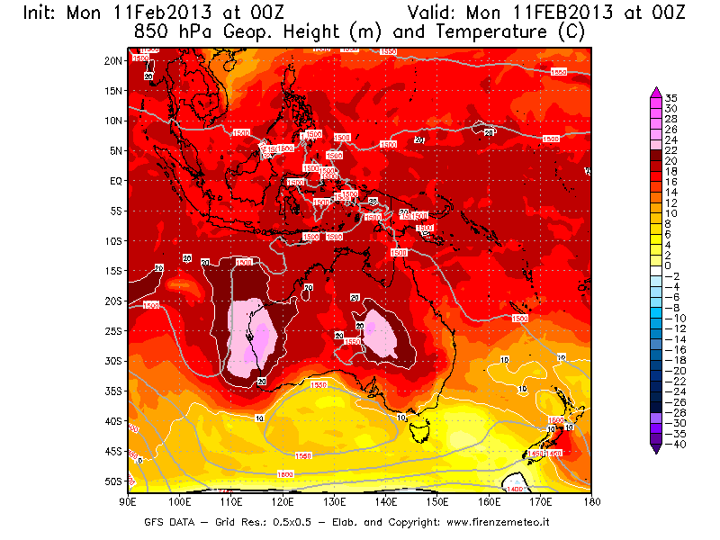 Mappa di analisi GFS - Geopotenziale [m] e Temperatura [°C] a 850 hPa in Oceania
							del 11/02/2013 00 <!--googleoff: index-->UTC<!--googleon: index-->