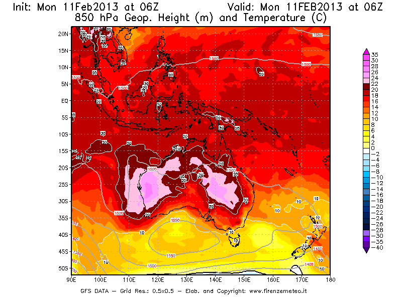 Mappa di analisi GFS - Geopotenziale [m] e Temperatura [°C] a 850 hPa in Oceania
							del 11/02/2013 06 <!--googleoff: index-->UTC<!--googleon: index-->