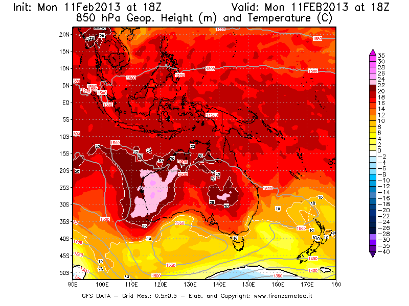 Mappa di analisi GFS - Geopotenziale [m] e Temperatura [°C] a 850 hPa in Oceania
							del 11/02/2013 18 <!--googleoff: index-->UTC<!--googleon: index-->