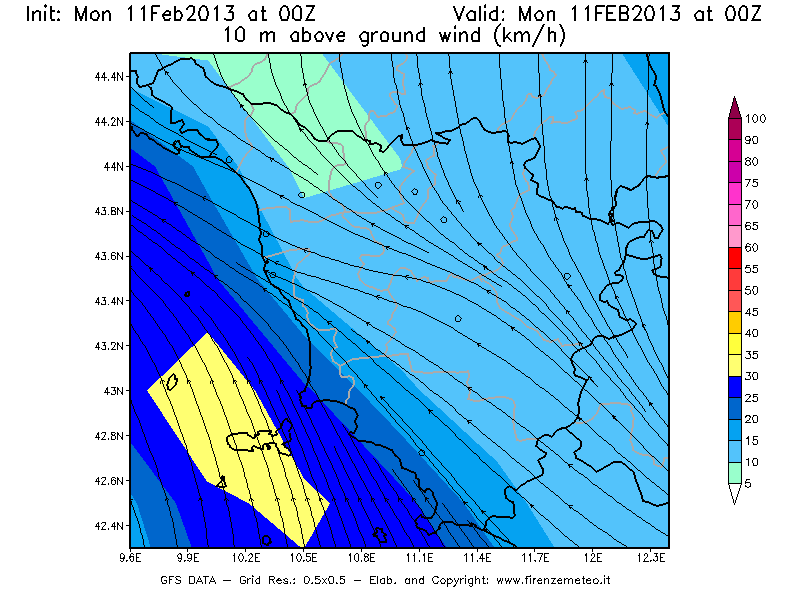 Mappa di analisi GFS - Velocità del vento a 10 metri dal suolo [km/h] in Toscana
							del 11/02/2013 00 <!--googleoff: index-->UTC<!--googleon: index-->