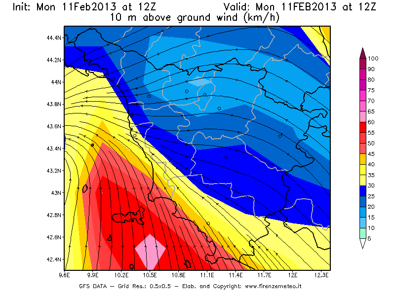 Mappa di analisi GFS - Velocità del vento a 10 metri dal suolo [km/h] in Toscana
							del 11/02/2013 12 <!--googleoff: index-->UTC<!--googleon: index-->