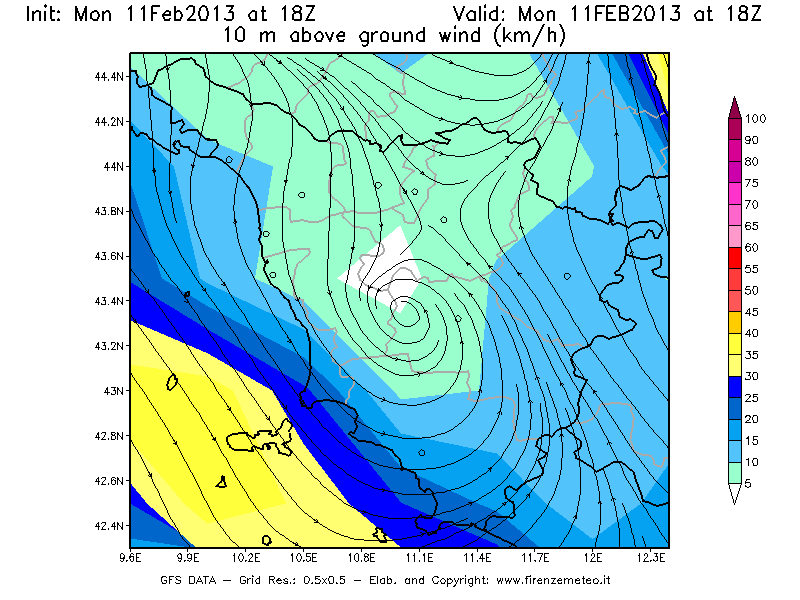 Mappa di analisi GFS - Velocità del vento a 10 metri dal suolo [km/h] in Toscana
							del 11/02/2013 18 <!--googleoff: index-->UTC<!--googleon: index-->