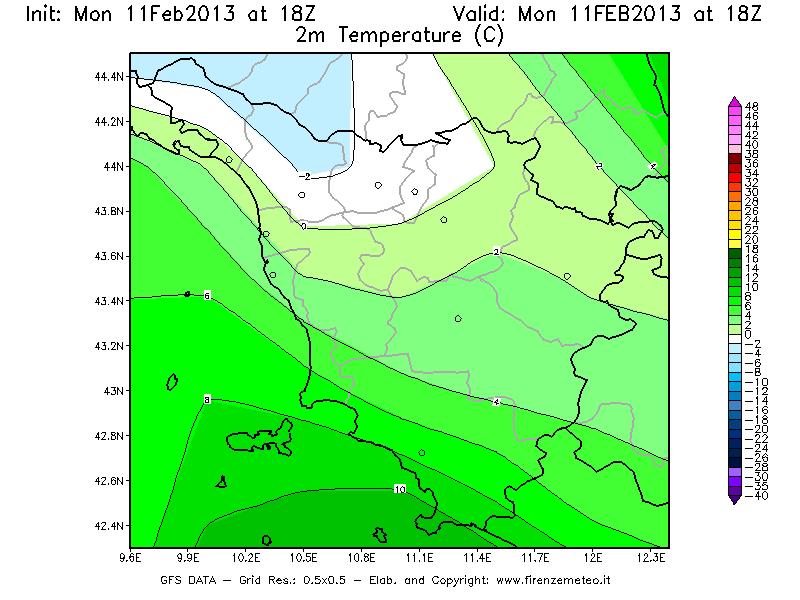 Mappa di analisi GFS - Temperatura a 2 metri dal suolo [°C] in Toscana
							del 11/02/2013 18 <!--googleoff: index-->UTC<!--googleon: index-->