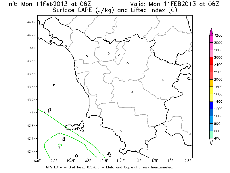 Mappa di analisi GFS - CAPE [J/kg] e Lifted Index [°C] in Toscana
							del 11/02/2013 06 <!--googleoff: index-->UTC<!--googleon: index-->