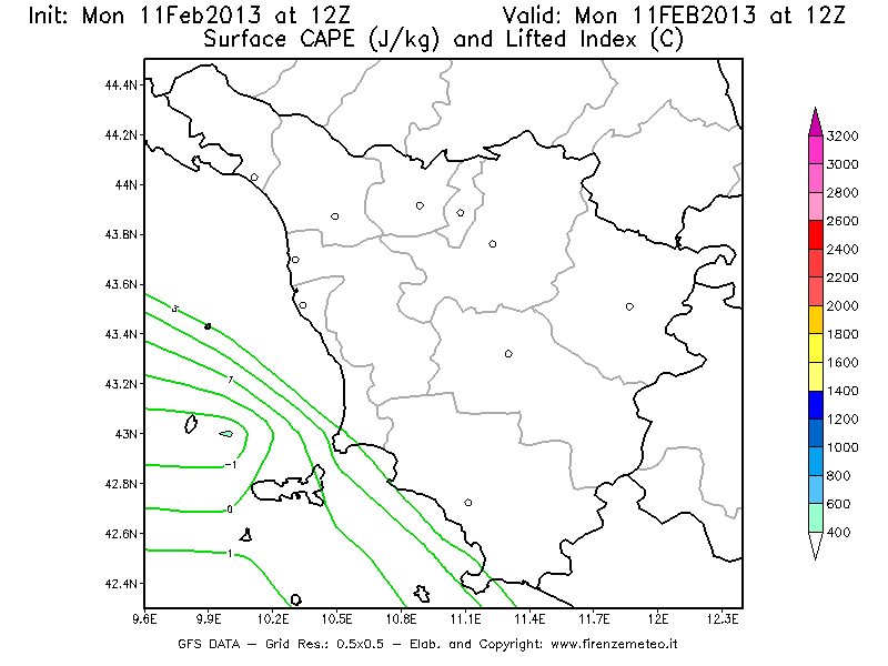 Mappa di analisi GFS - CAPE [J/kg] e Lifted Index [°C] in Toscana
							del 11/02/2013 12 <!--googleoff: index-->UTC<!--googleon: index-->