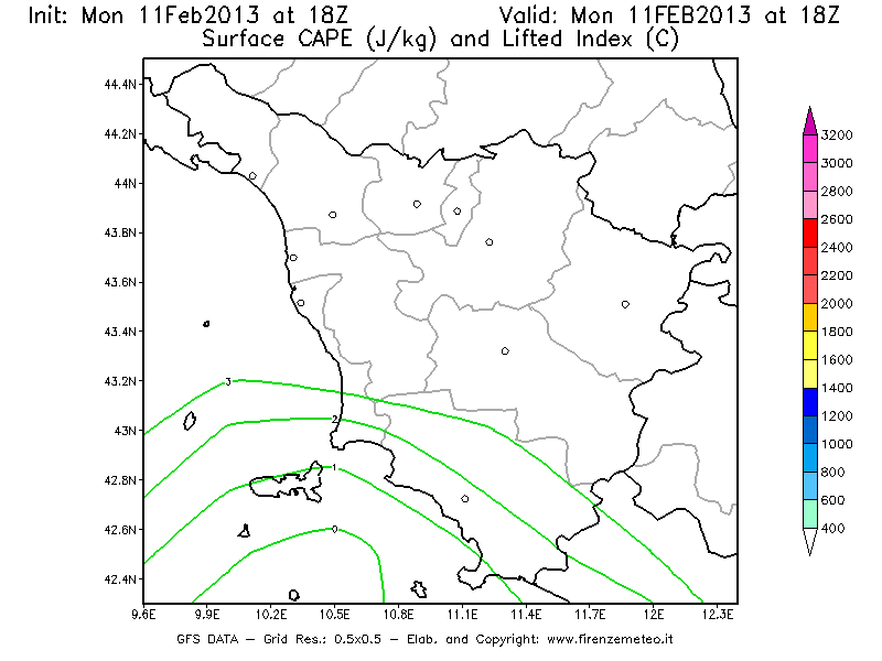 Mappa di analisi GFS - CAPE [J/kg] e Lifted Index [°C] in Toscana
							del 11/02/2013 18 <!--googleoff: index-->UTC<!--googleon: index-->