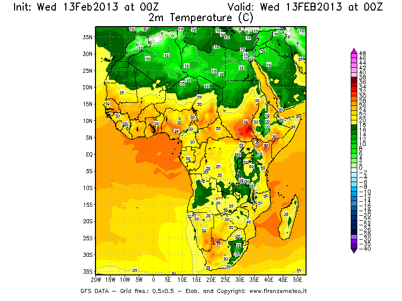 Mappa di analisi GFS - Temperatura a 2 metri dal suolo [°C] in Africa
							del 13/02/2013 00 <!--googleoff: index-->UTC<!--googleon: index-->