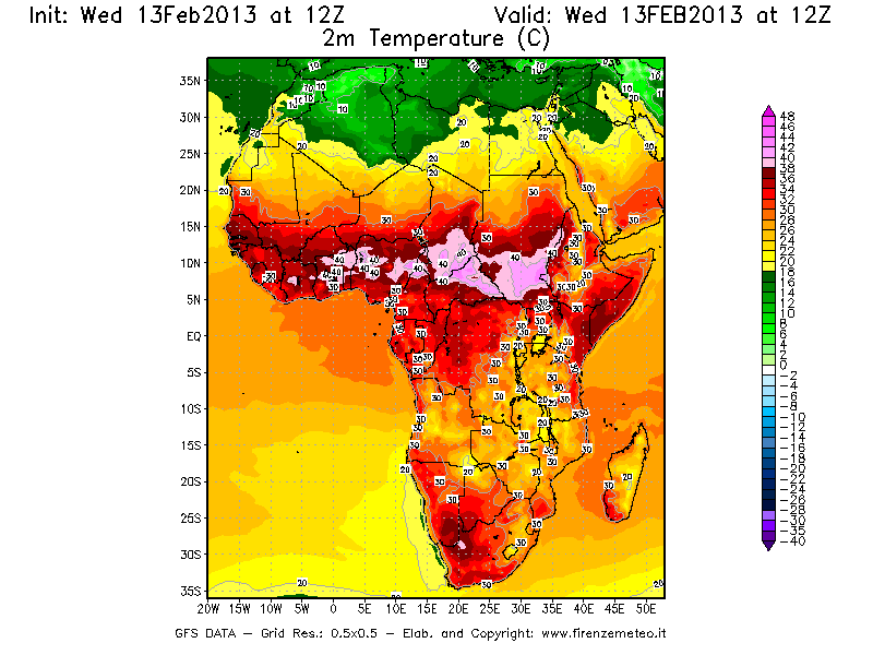 Mappa di analisi GFS - Temperatura a 2 metri dal suolo [°C] in Africa
							del 13/02/2013 12 <!--googleoff: index-->UTC<!--googleon: index-->