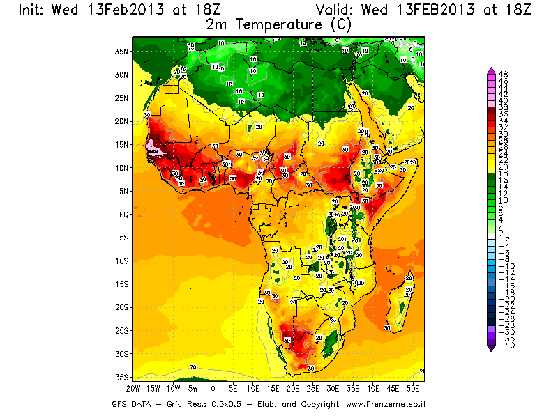 Mappa di analisi GFS - Temperatura a 2 metri dal suolo [°C] in Africa
							del 13/02/2013 18 <!--googleoff: index-->UTC<!--googleon: index-->
