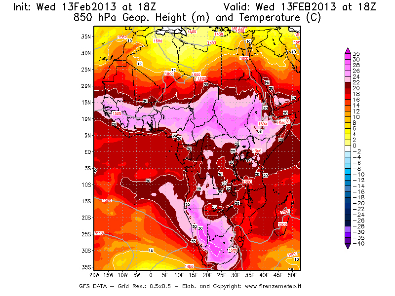 Mappa di analisi GFS - Geopotenziale [m] e Temperatura [°C] a 850 hPa in Africa
							del 13/02/2013 18 <!--googleoff: index-->UTC<!--googleon: index-->