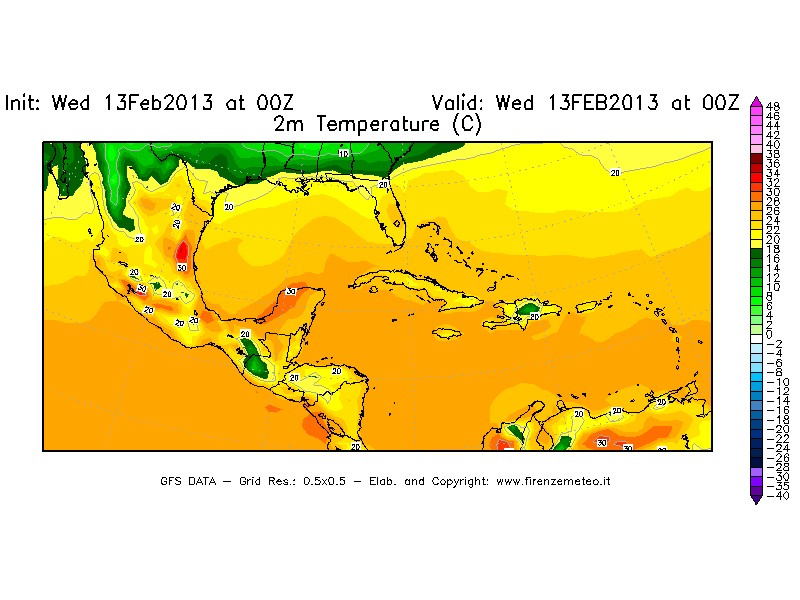 Mappa di analisi GFS - Temperatura a 2 metri dal suolo [°C] in Centro-America
							del 13/02/2013 00 <!--googleoff: index-->UTC<!--googleon: index-->