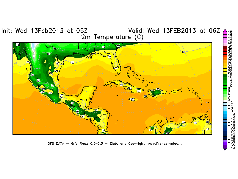 Mappa di analisi GFS - Temperatura a 2 metri dal suolo [°C] in Centro-America
							del 13/02/2013 06 <!--googleoff: index-->UTC<!--googleon: index-->