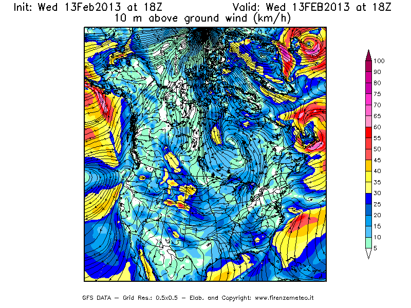 Mappa di analisi GFS - Velocità del vento a 10 metri dal suolo [km/h] in Nord-America
							del 13/02/2013 18 <!--googleoff: index-->UTC<!--googleon: index-->