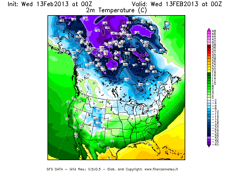 Mappa di analisi GFS - Temperatura a 2 metri dal suolo [°C] in Nord-America
							del 13/02/2013 00 <!--googleoff: index-->UTC<!--googleon: index-->