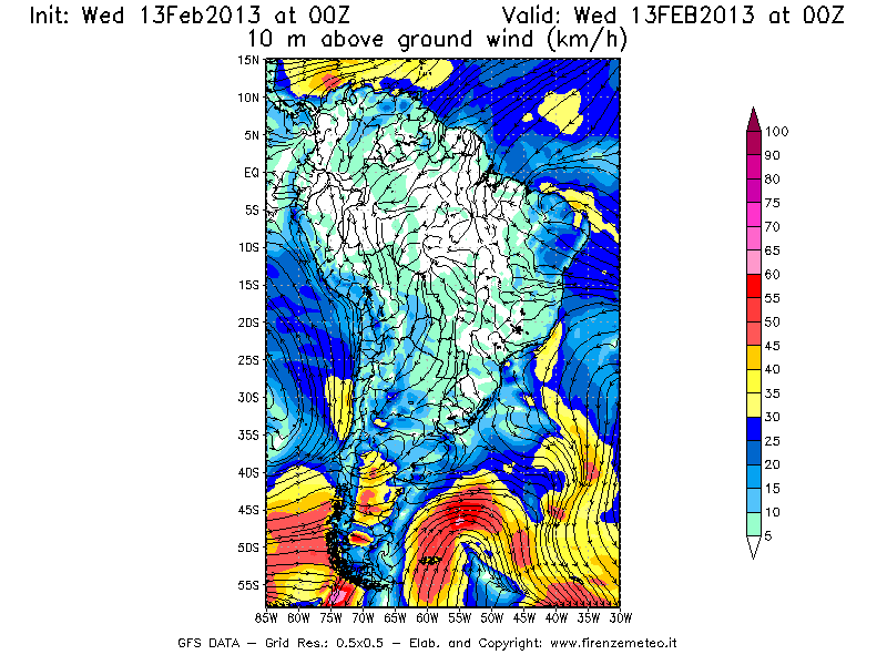 Mappa di analisi GFS - Velocità del vento a 10 metri dal suolo [km/h] in Sud-America
							del 13/02/2013 00 <!--googleoff: index-->UTC<!--googleon: index-->