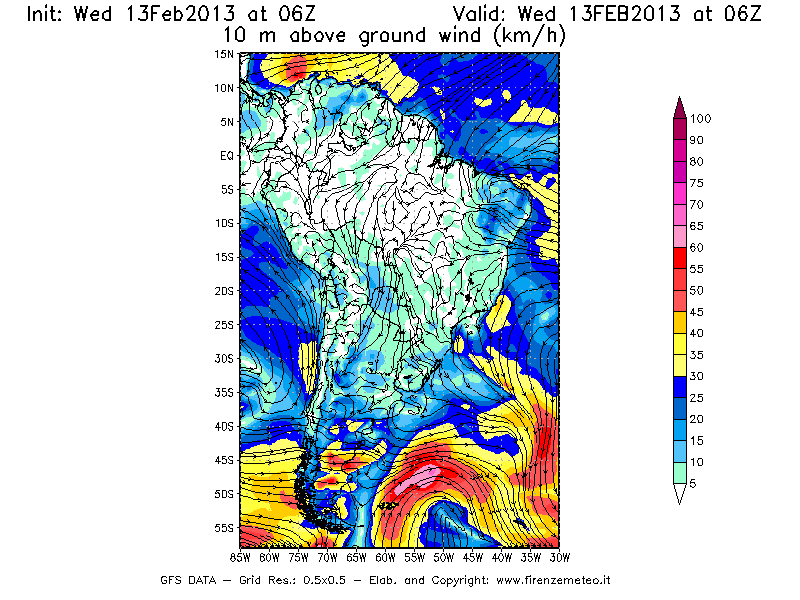 Mappa di analisi GFS - Velocità del vento a 10 metri dal suolo [km/h] in Sud-America
							del 13/02/2013 06 <!--googleoff: index-->UTC<!--googleon: index-->