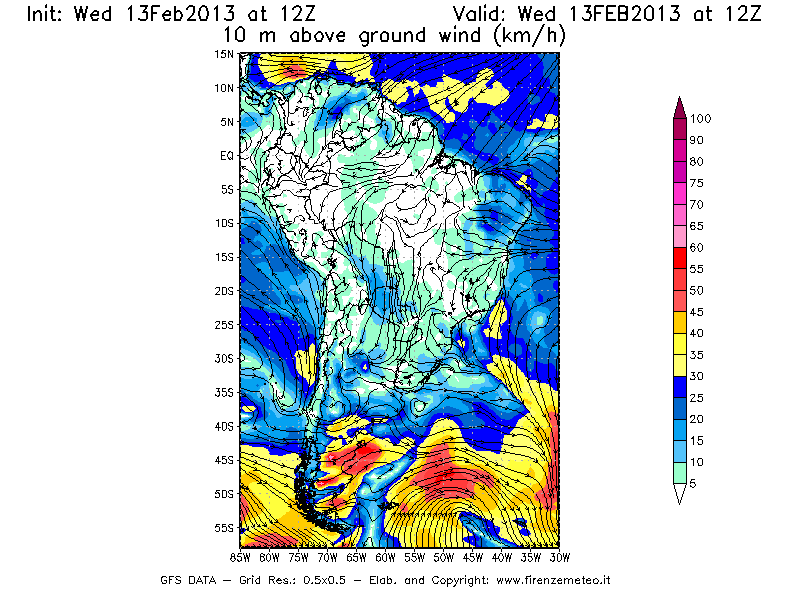 Mappa di analisi GFS - Velocità del vento a 10 metri dal suolo [km/h] in Sud-America
							del 13/02/2013 12 <!--googleoff: index-->UTC<!--googleon: index-->
